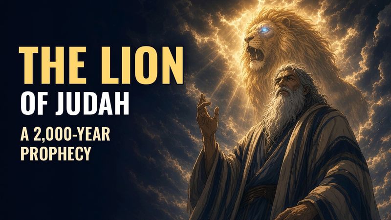 Episode 1 artwork: the patriarch Jacob raising his hand beneath a glowing golden lion with blue eyes, with the words The Lion of Judah, a 2,000-year prophecy