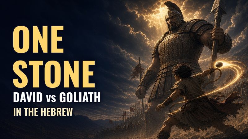 Episode 2 artwork: young David swinging his sling at the armored giant Goliath, with the words One Stone, David vs Goliath in the Hebrew