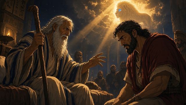 The aged Jacob, staff in hand, blessing his son Judah in a lamplit tent
