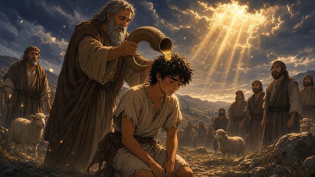 The prophet Samuel pouring oil from a horn over the head of the kneeling young David