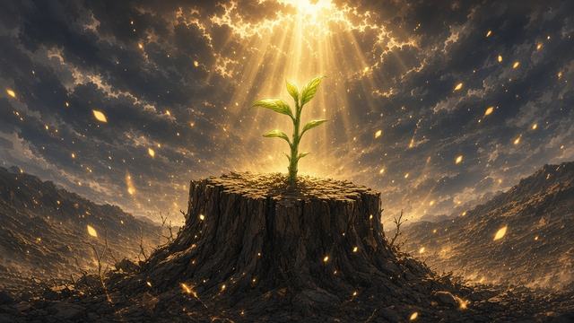 A green shoot growing from an old tree stump under a beam of golden light