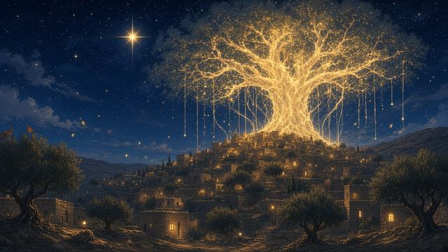 A great tree of golden light rising over the hills of Bethlehem at night beneath a bright star
