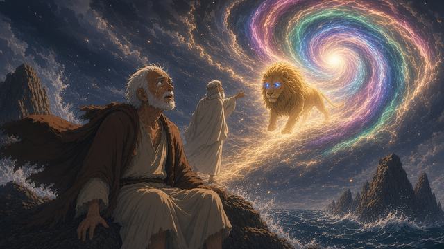 The elderly apostle John on the rocky shore of Patmos, watching a swirling vortex of colored light and a golden lion