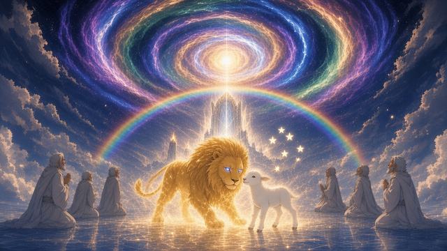 A glowing golden lion and a white lamb before the throne, beneath a full-spectrum rainbow and a radiant vortex of light, with elders kneeling